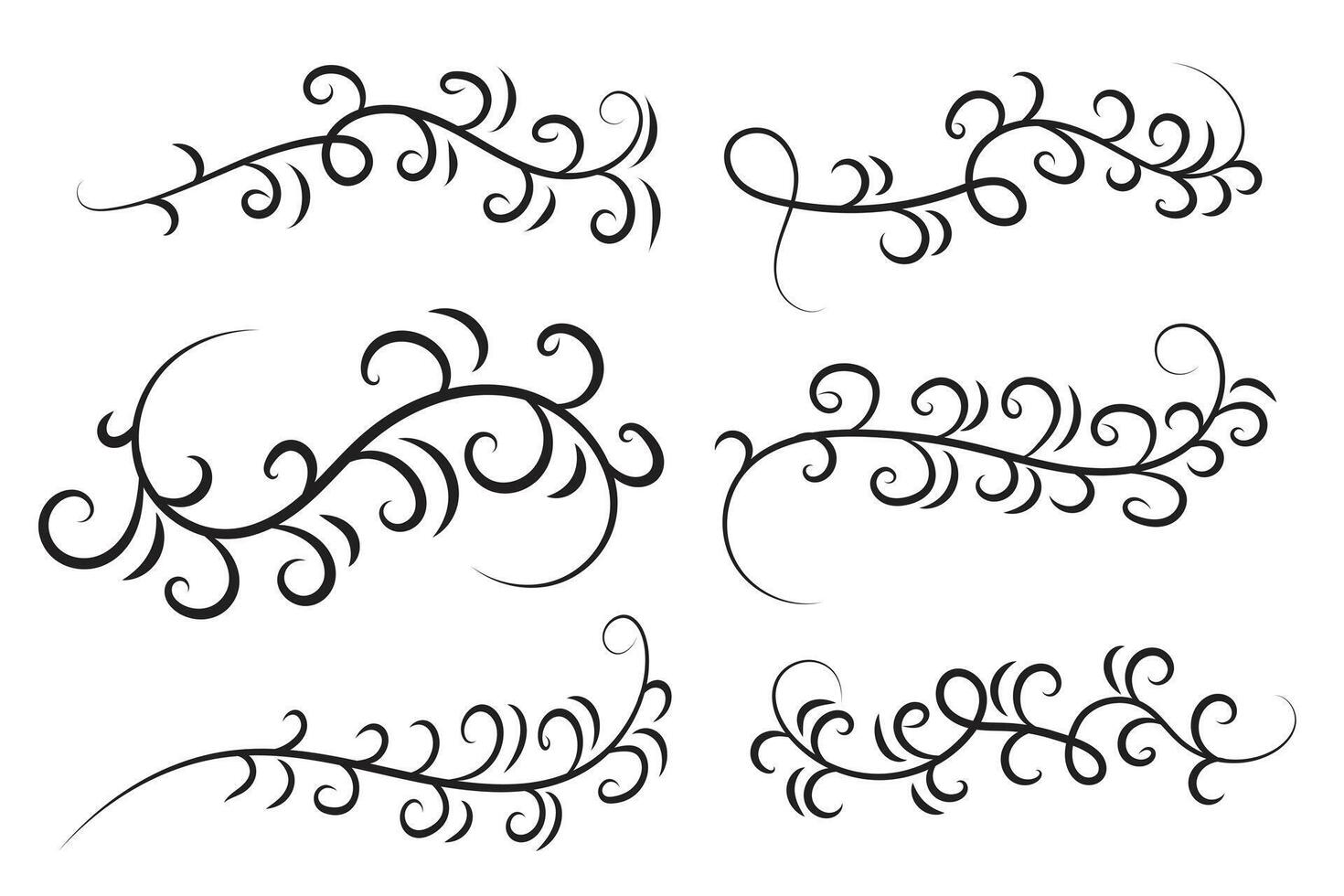 set of Vintage Filigree swirling, Calligraphy Doodle wind Decorative Elements, curly thin line Floral style swings swashes, Flourishes Swirls, flourish Swirl ornament vector, Elegant scroll design vector