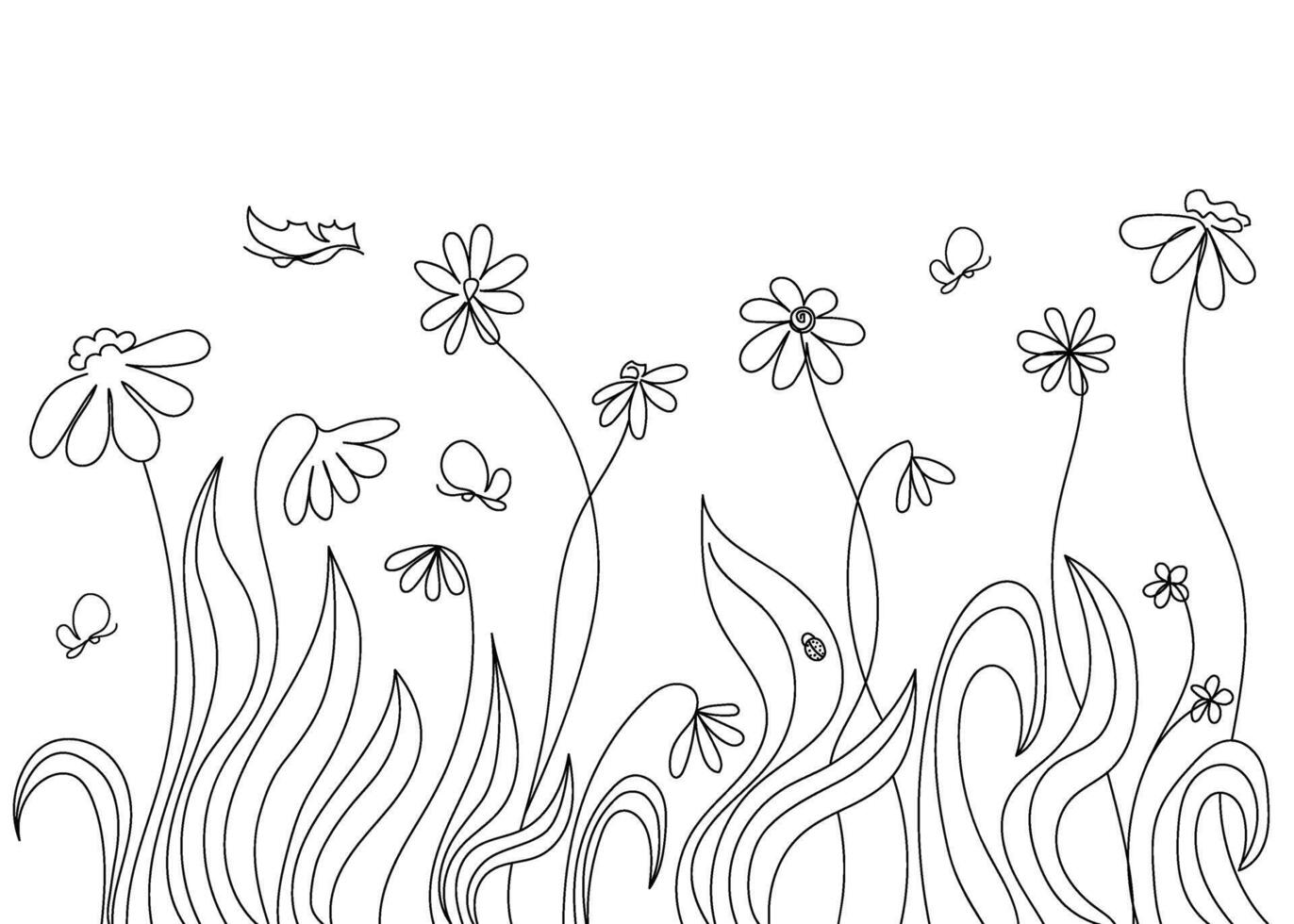 Abstract meadow of wild flowers and butterflies and ladybug doodle art. Botanical sketch. Floral pattern. Vector illustration for coloring book in minimalist style.