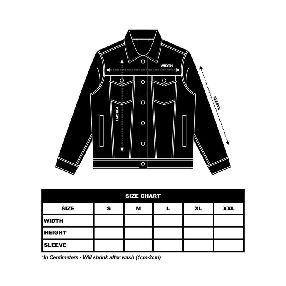 Jacket illustration, denim jacket Size Chart, flat sketch western jacket vector