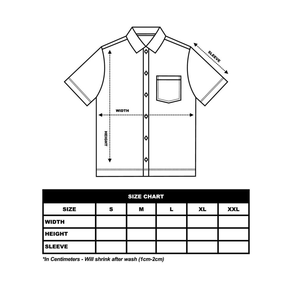Men's short sleeves military shirt Size Chart. Workshirt black. Short sleeve work shirt. technical drawing fashion flat sketch vector illustration