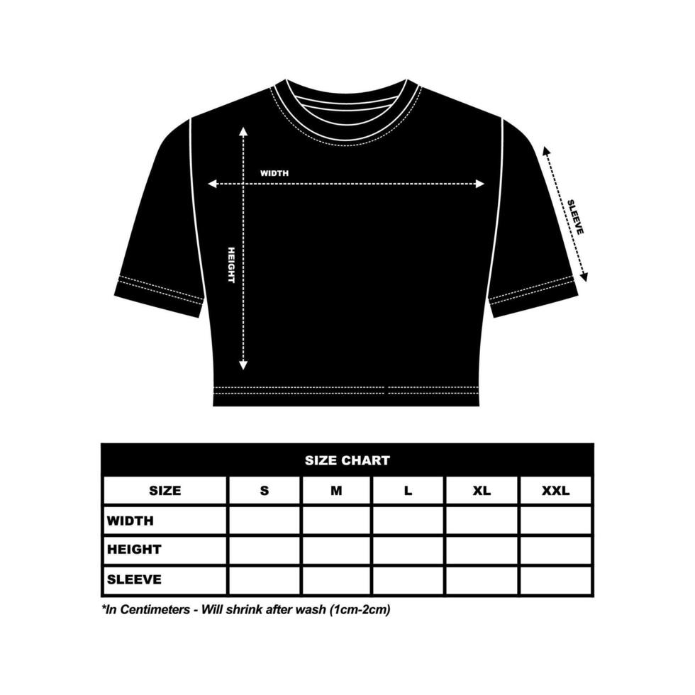 Crew neck crop top women's t-shirt Size Chart template drawing, basic t-shirt drawing vector