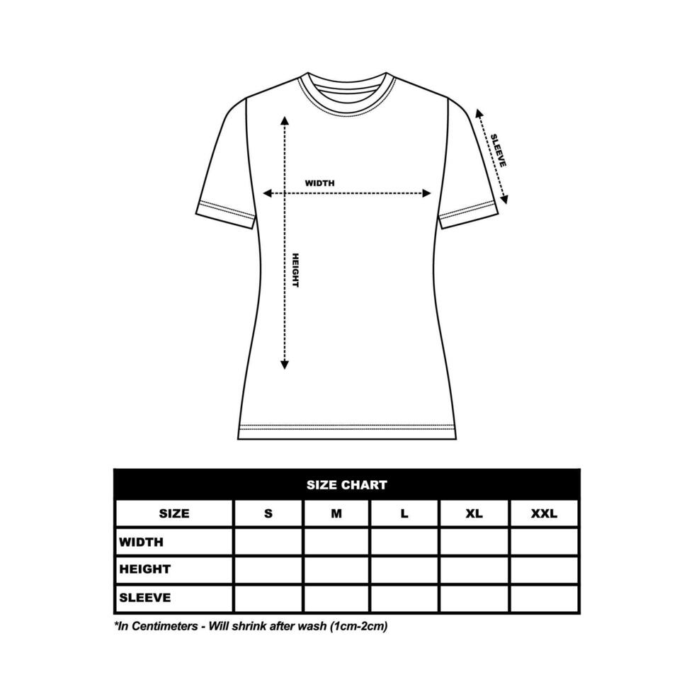 Short sleeve t shirt Size Chart, woman round, square and V neck. technical drawing fashion flat sketch vector illustration