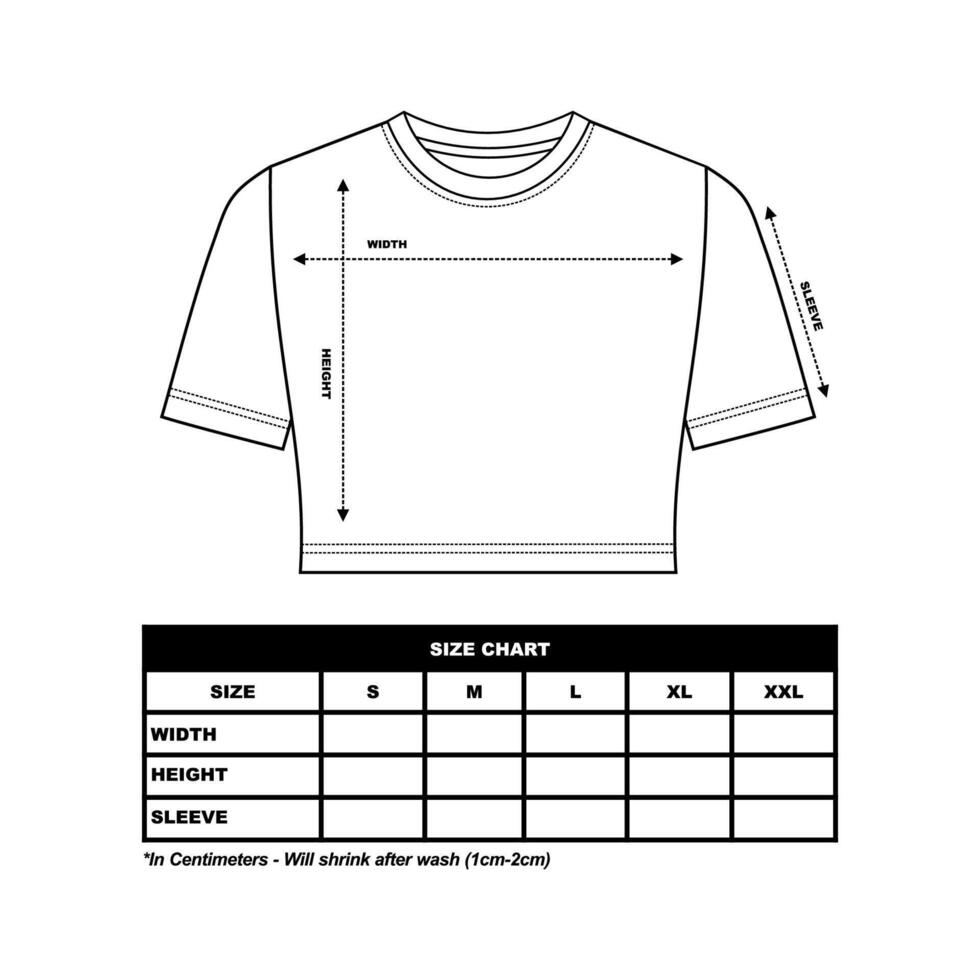 Crew neck crop top women's t-shirt Size Chart template drawing, basic t-shirt drawing vector