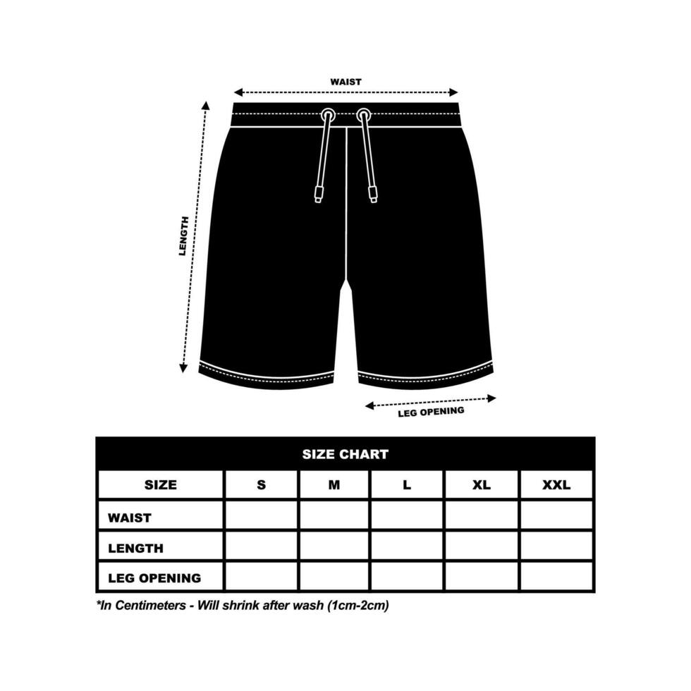 Short Pants Size Chart, sweat Shorts fashion flat template, Sportswear unisex chart size vector