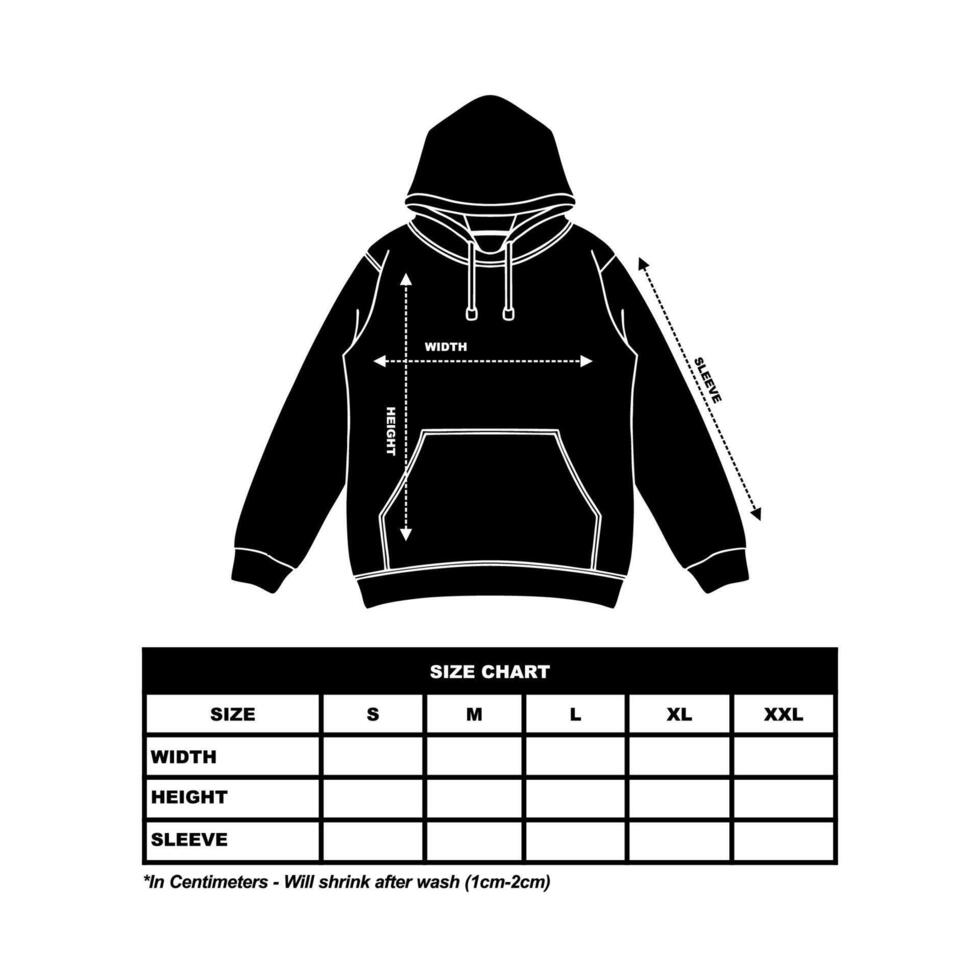 Hoodie Size Chart, jumper, jacket flat sketch, fashion clothing vector illustration