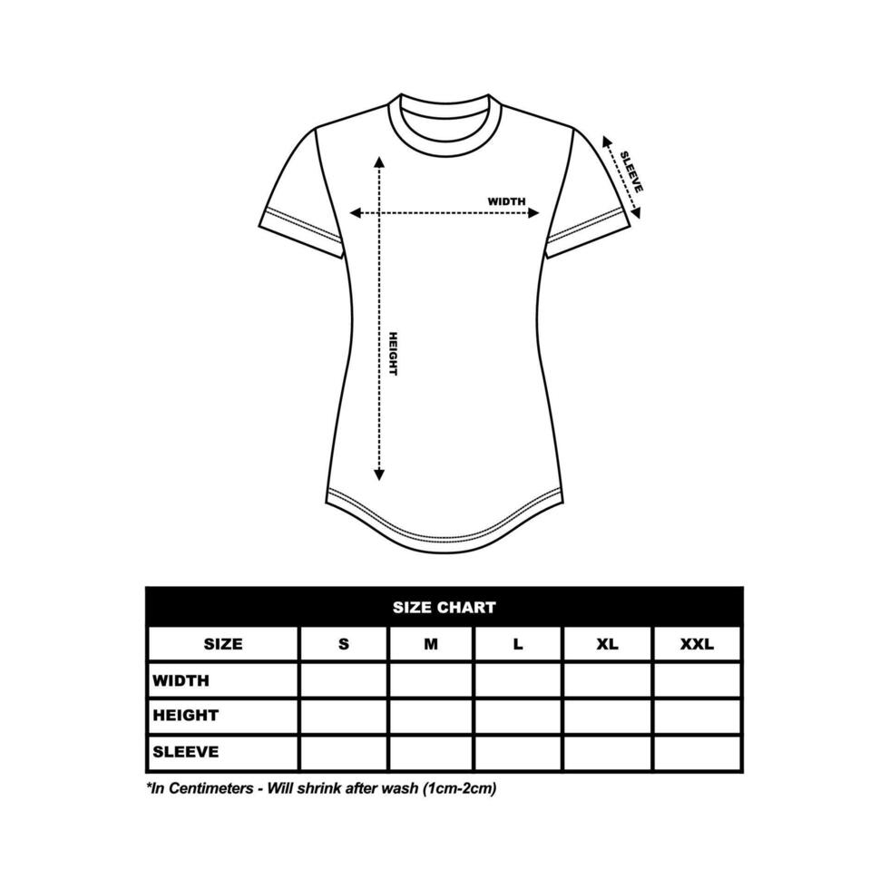 Short sleeve t shirt Size Chart, woman round, square and V neck. technical drawing fashion flat sketch vector illustration