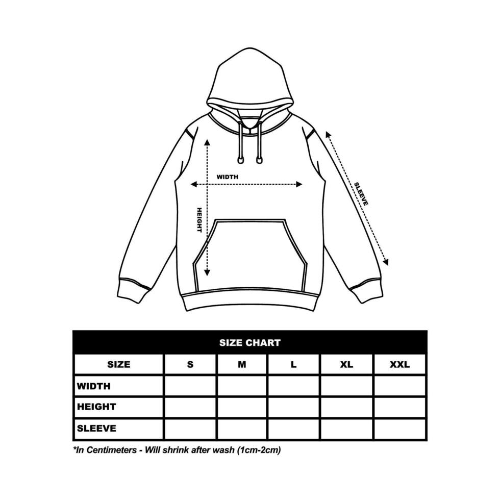 Hoodie Size Chart, jumper, jacket flat sketch, fashion clothing vector illustration 37763671