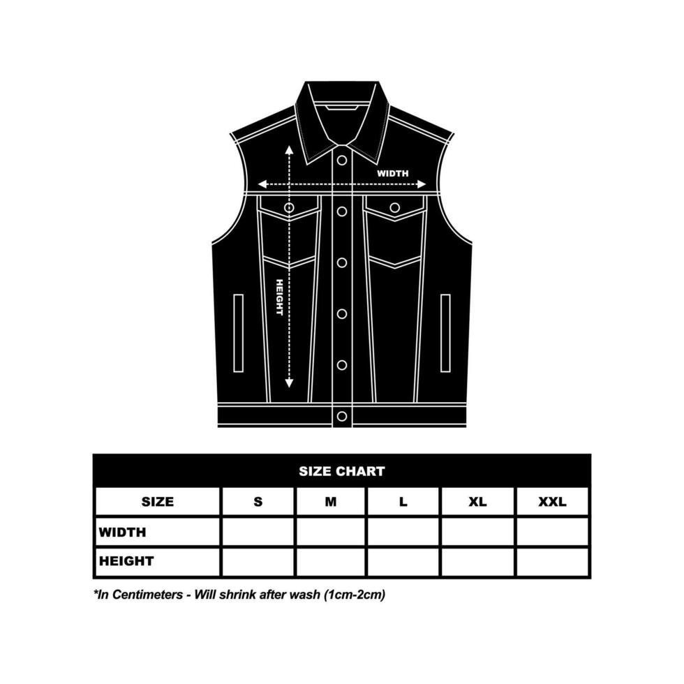 Jacket illustration, denim jacket Size Chart, flat sketch western jacket vector