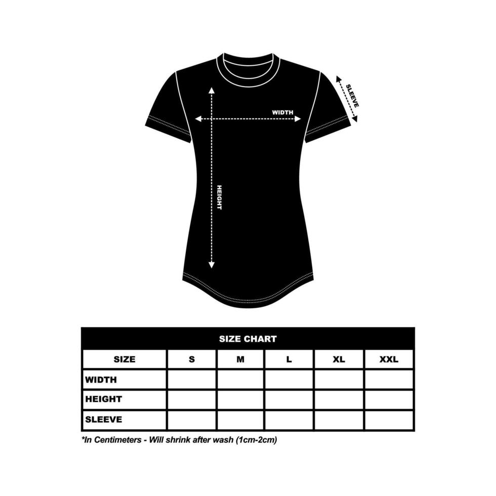 Short sleeve t shirt Size Chart, woman round, square and V neck. technical drawing fashion flat sketch vector illustration