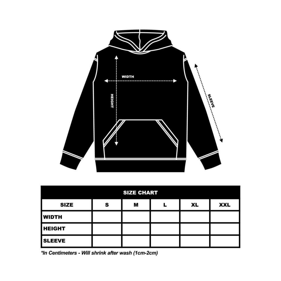 Hoodie Size Chart, jumper, jacket flat sketch, fashion clothing vector