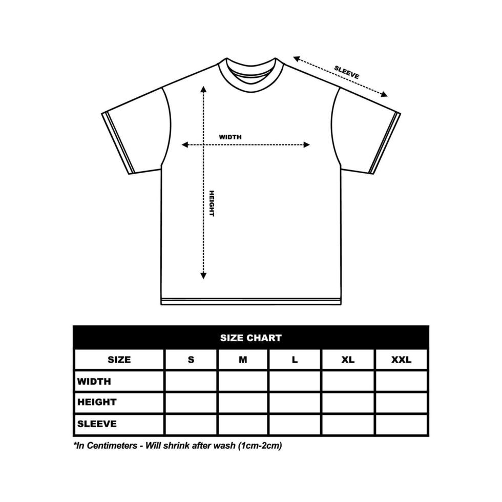 Short sleeve t shirt Size Chart. technical drawing fashion flat sketch