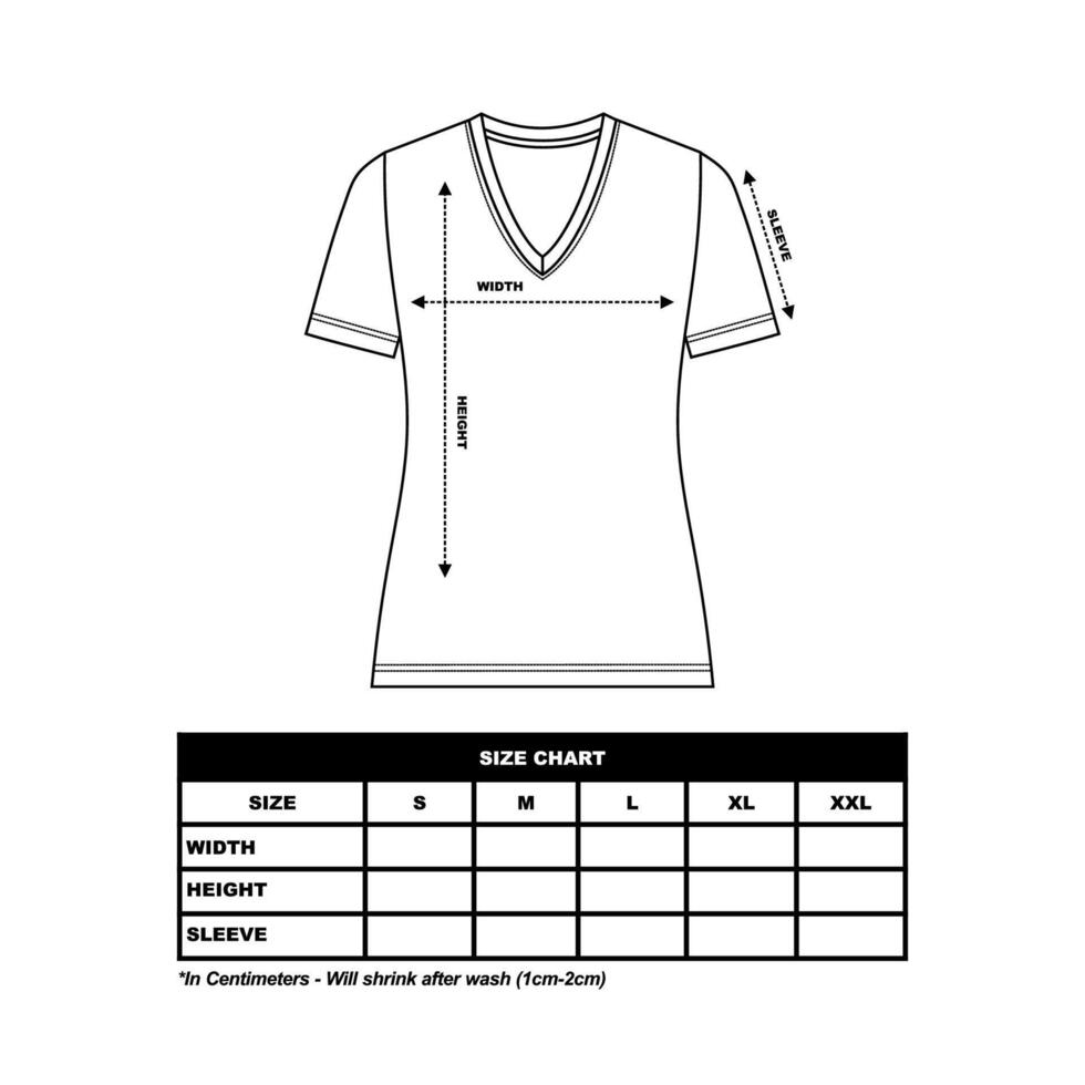 Short sleeve t shirt Size Chart, woman round, square and V neck. technical drawing fashion flat sketch vector illustration