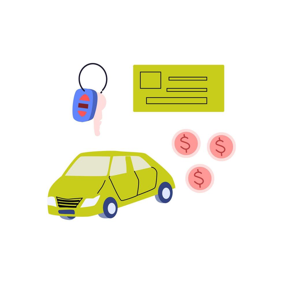 set of automobile vehicle and keys, money and card for rent transport vector