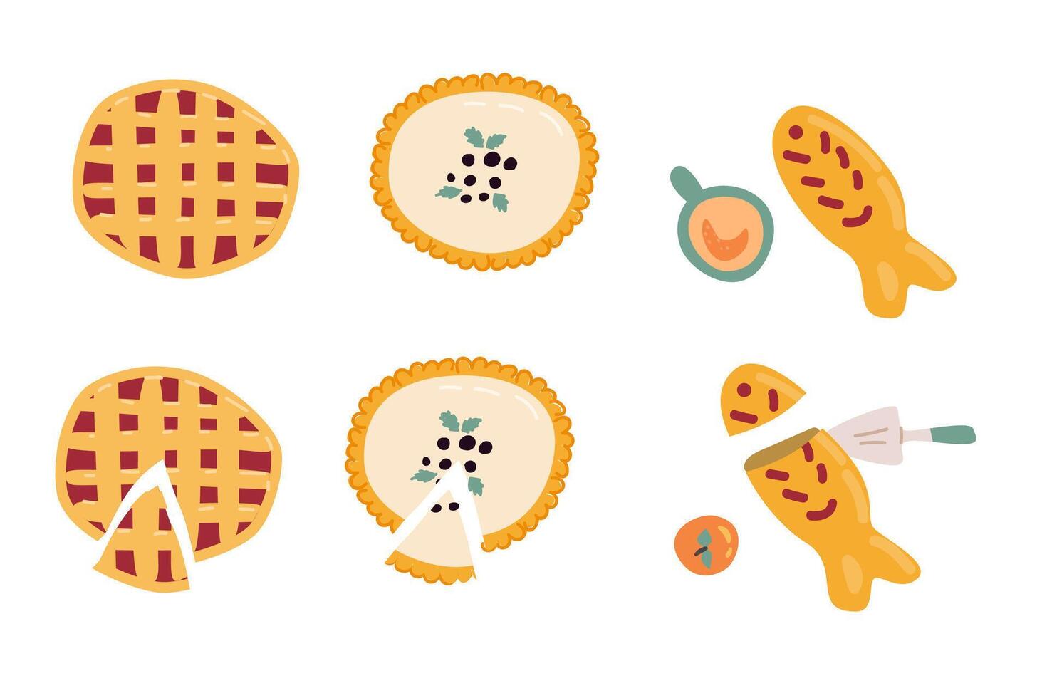 Hand drawn pie set with cheesecake, and berry pie, fish pie vector