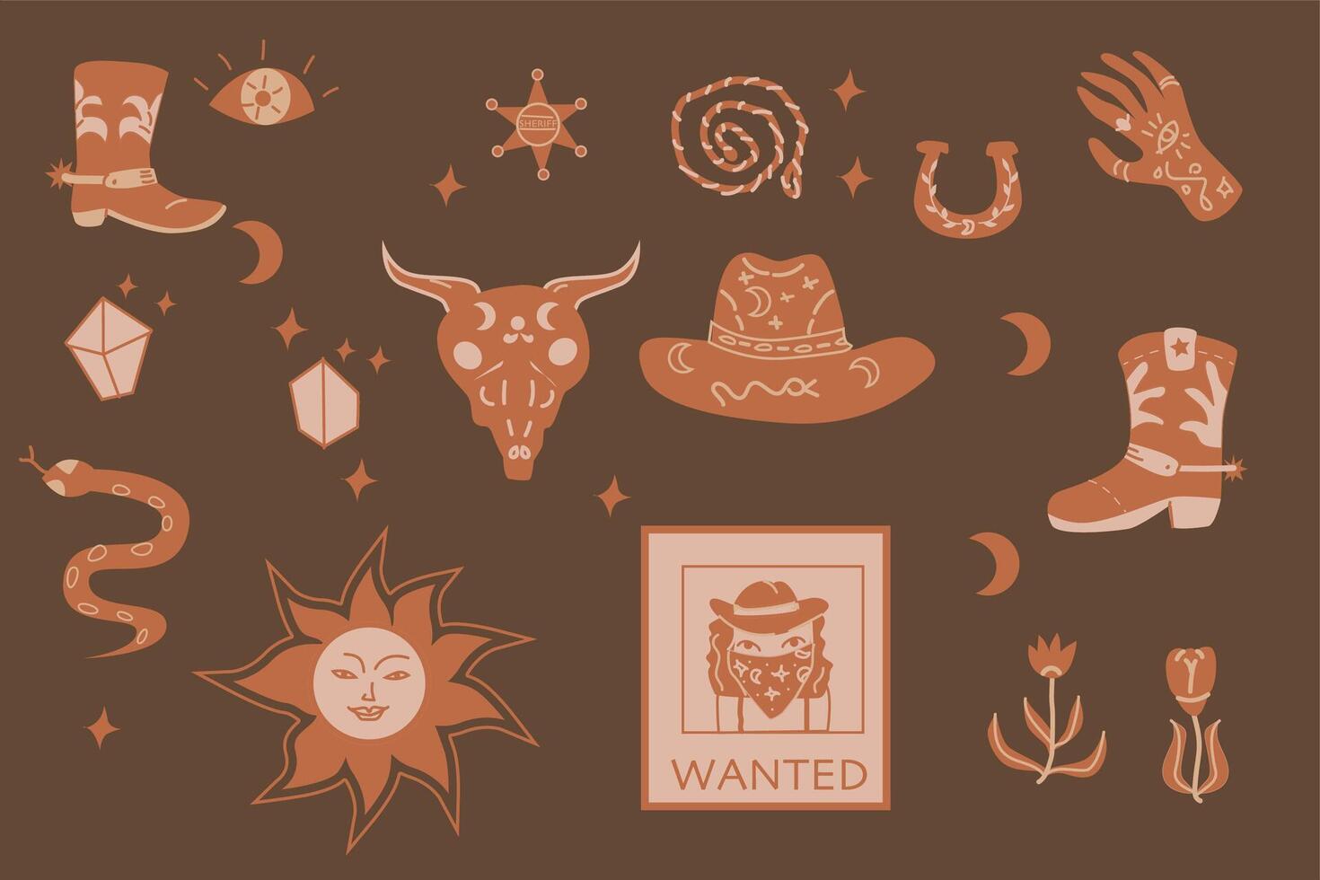 Hand drawn boho western design elements. Vector illustration on brown background. Vector set included sun, bull skull, cowboy hat and boots, flowers, snake, wanted poster, rope, star, crystal, hand.