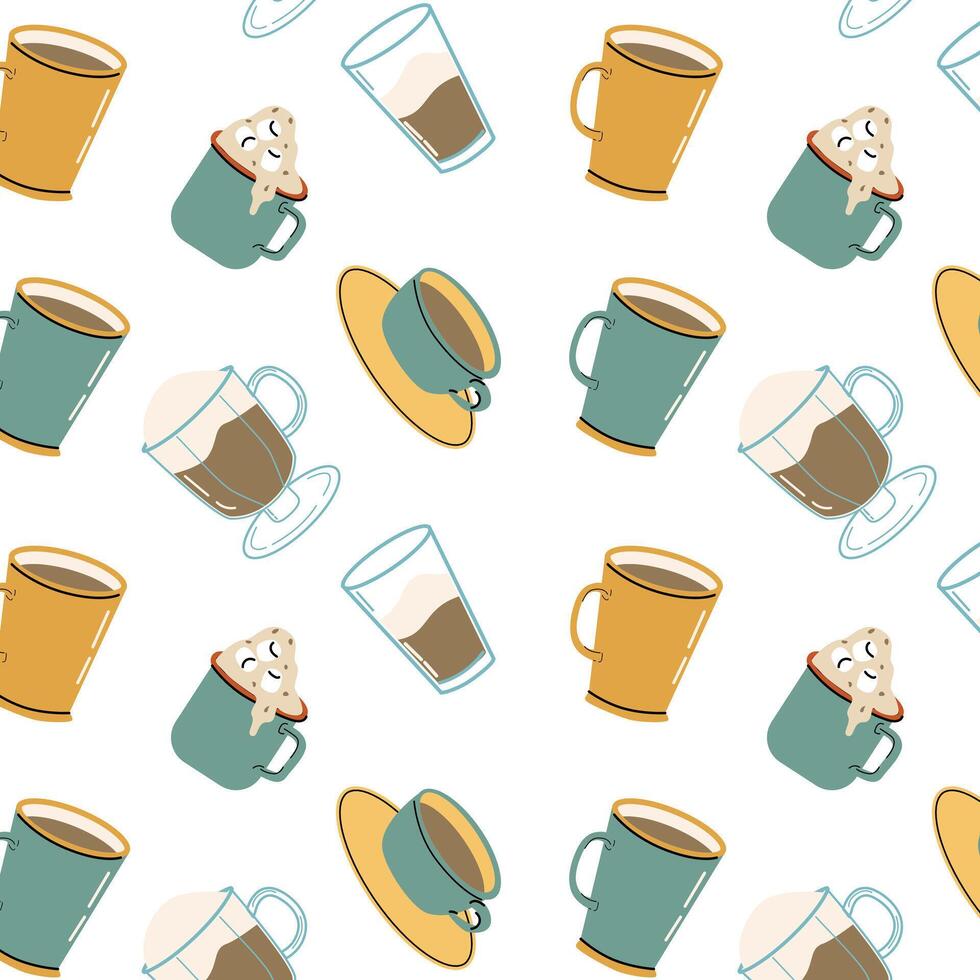 Coffee cups in various shapes seamless pattern vector