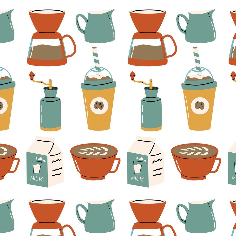 Coffee cups and coffee maker, milk seamless pattern vector