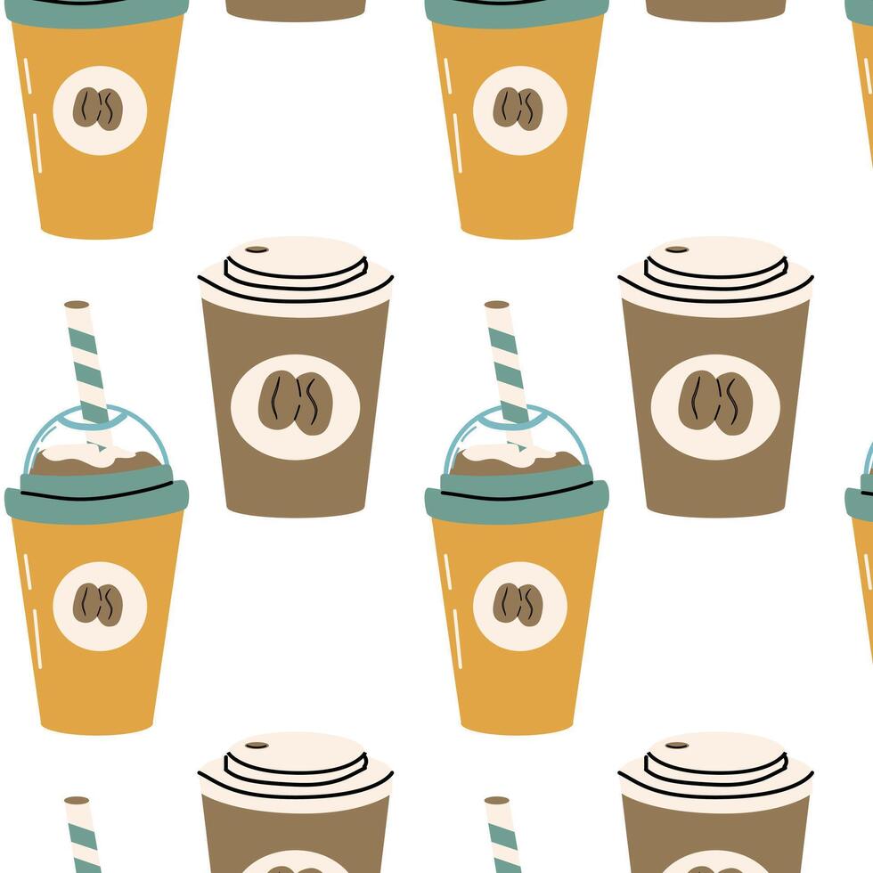 Coffee beverage seamless pattern in different cups vector