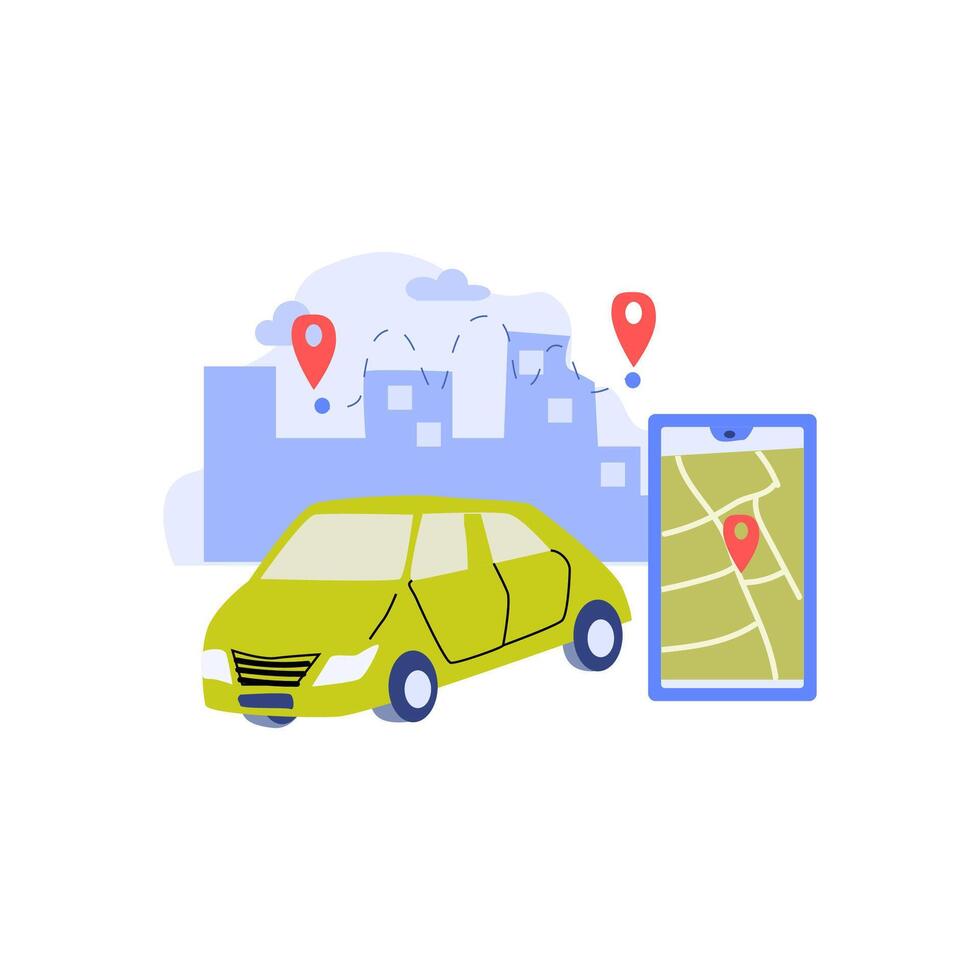 automobile with location mark and mobille app for rent automobile vector