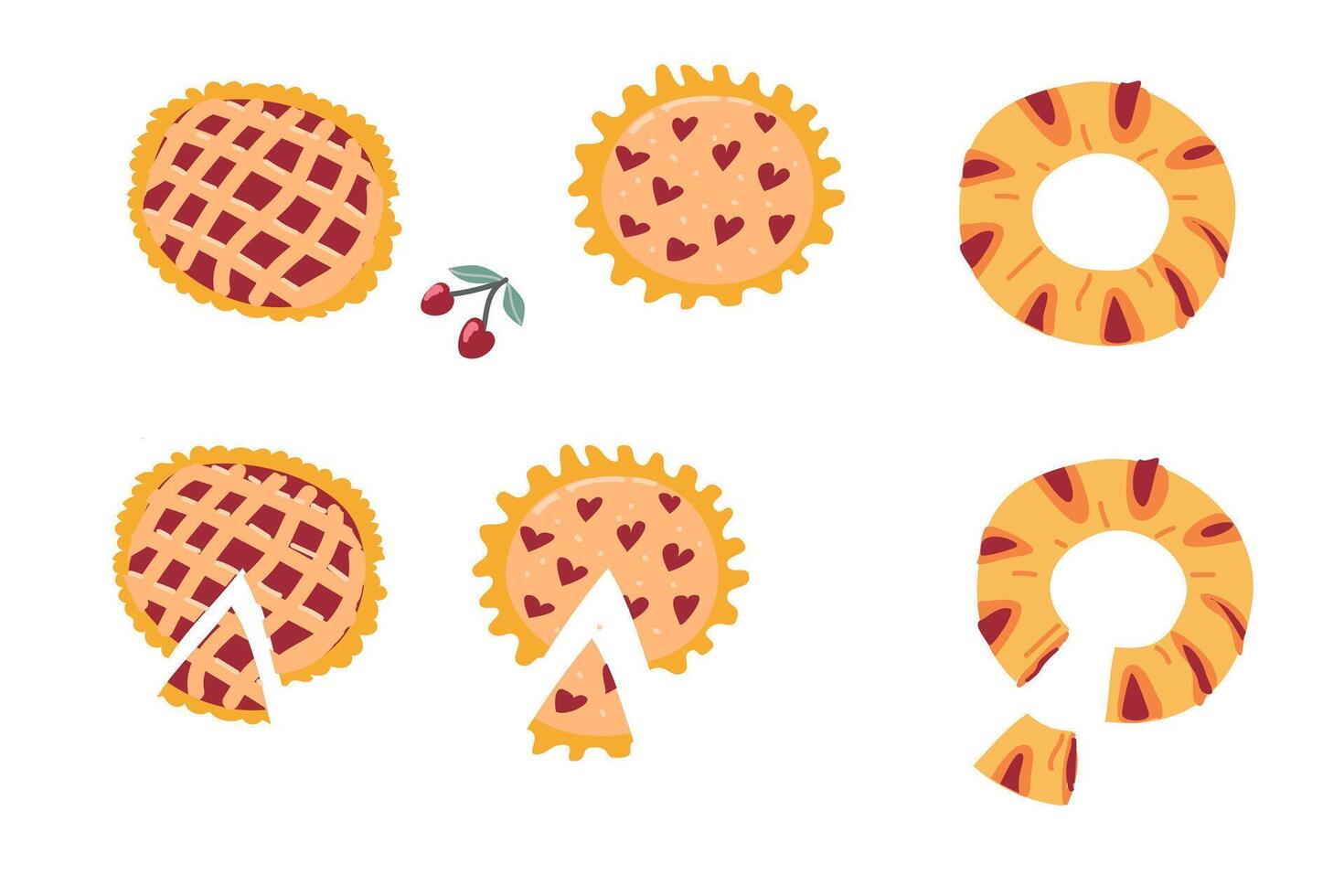 Hand drawn fruit and berry pies set in cartoon style vector