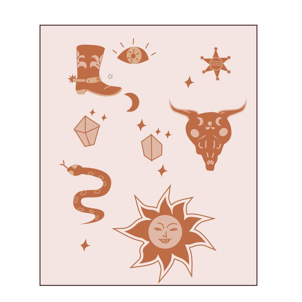 Hand drawn vector poster with boho elements. Vector illustration included cowboy mystical elements sun, snake, boot, eye and bull skull, star of sheriff, crystals. Can used for decoration.