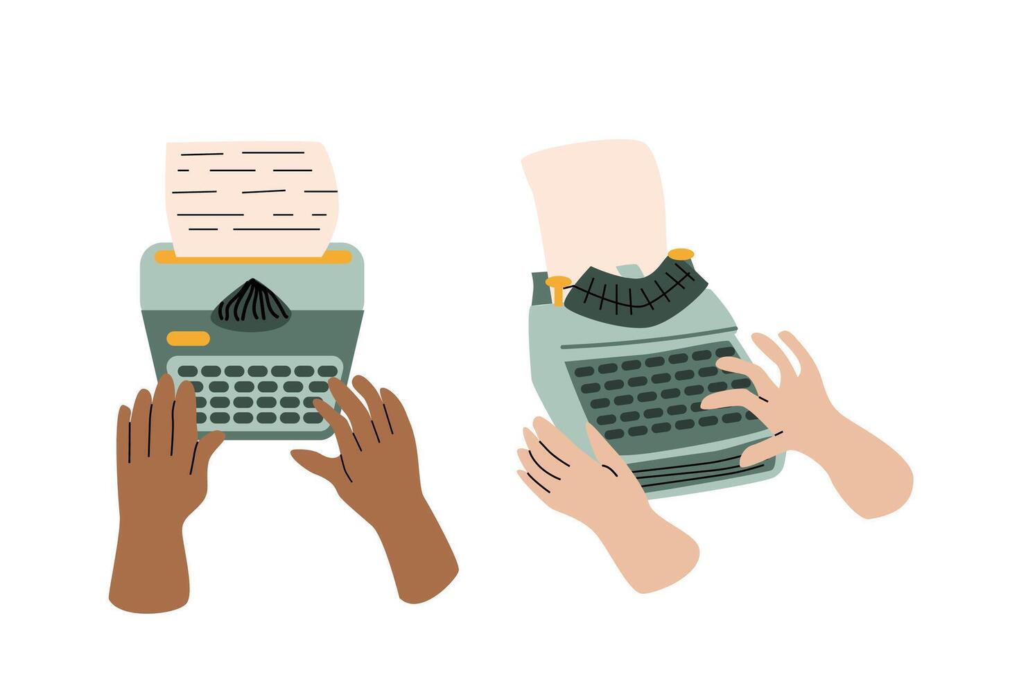set of human hands writing on typewrite, author concept vector