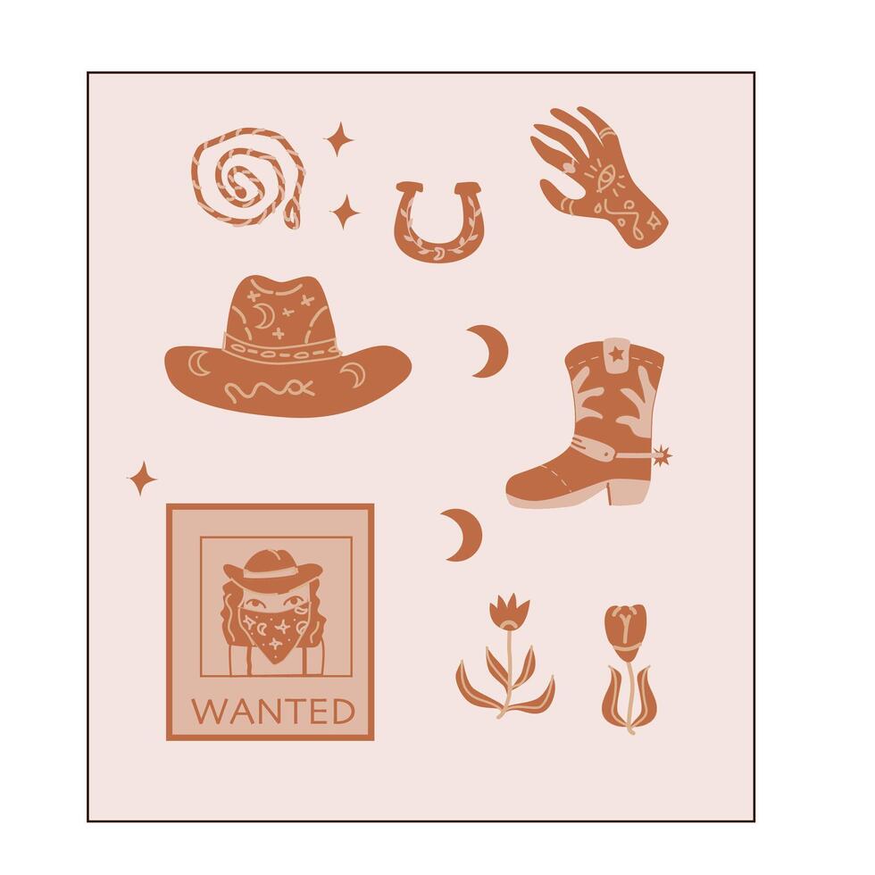 Hand drawn vector poster with boho cowboy elements. Vector illustration with flowers, wanted card, boot, hand, horseshoe and rope. Can used for decoration.