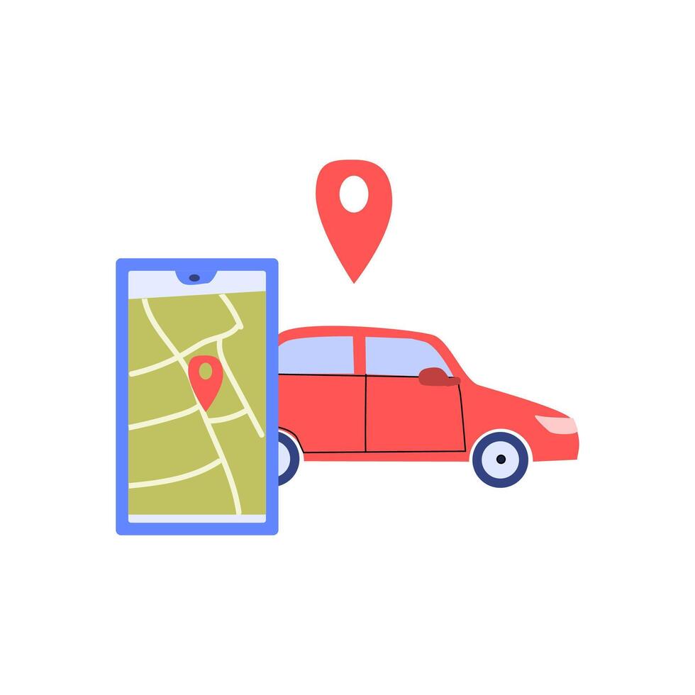 automobile vehicle and mobille app with map and location mark vector