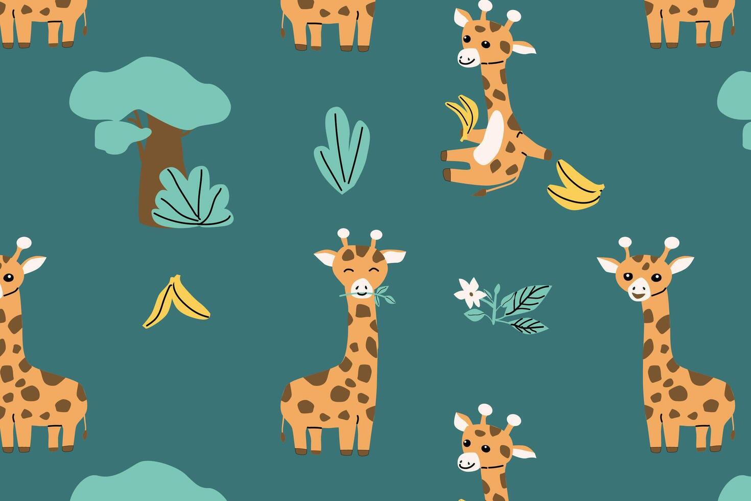 cartoon animals giraffe and tree, grass seamless pattern vector