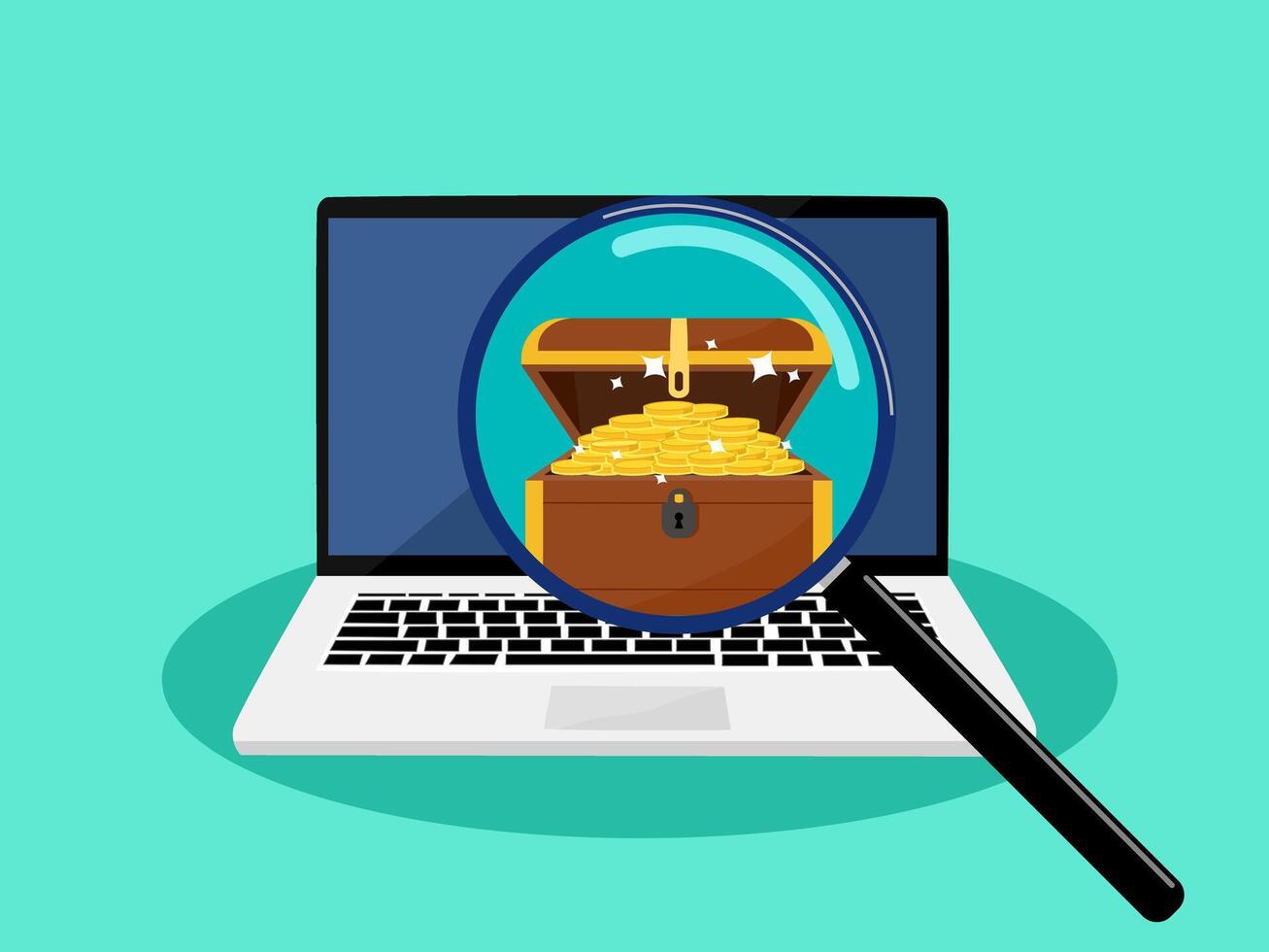 magnifying glass searching for treasure on a laptop vector