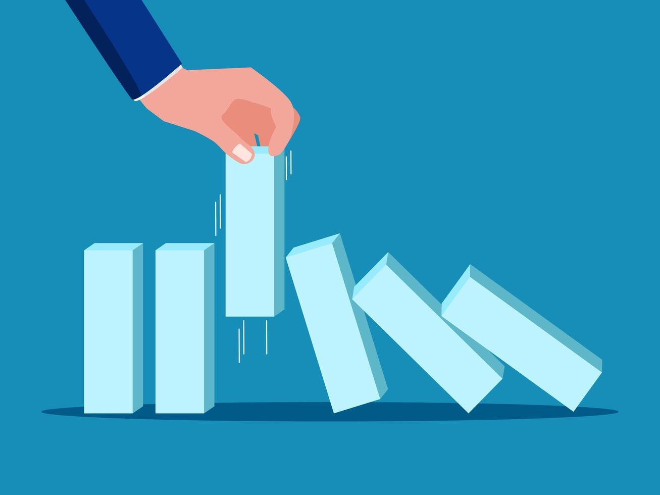 Stop the impact of the market. Hand stops the domino effect vector