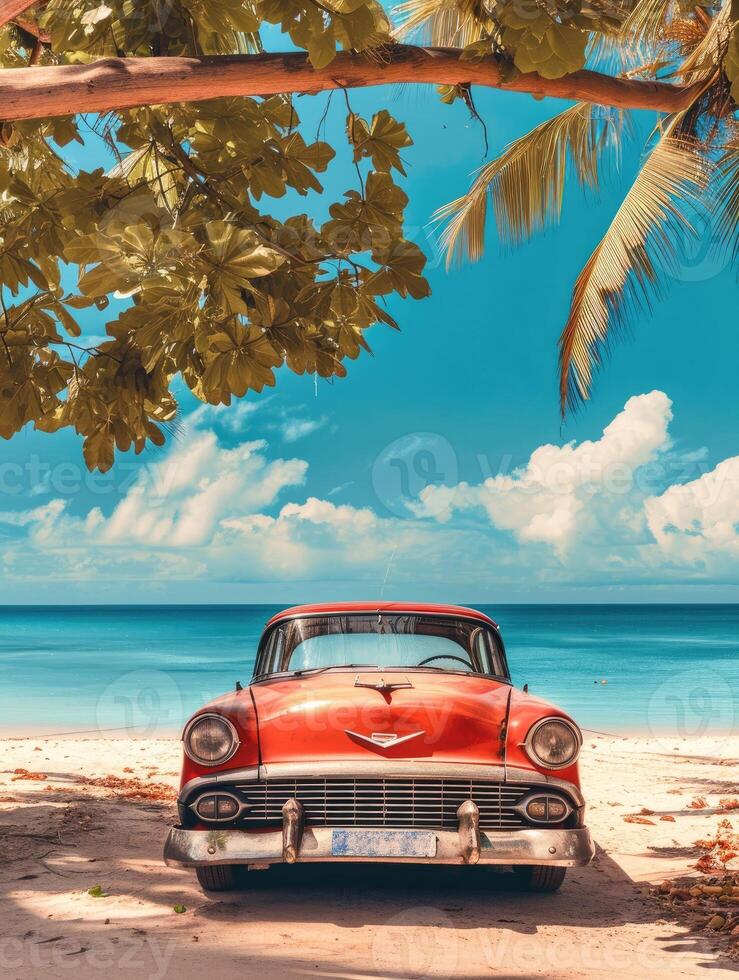 AI generated Red old car parked on a tropical beach photo