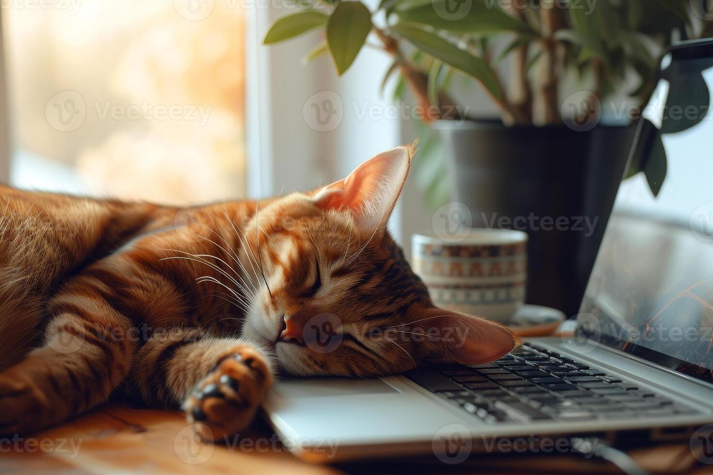 AI generated Cat sleeping at a desk with a laptop and a cup of coffee photo