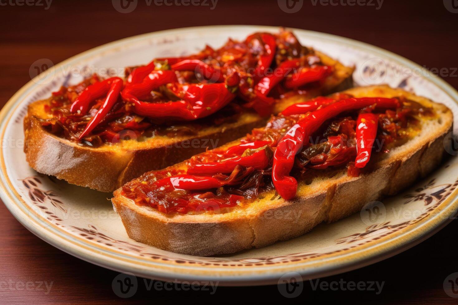 AI generated Red peppers with great anchovies on a slice of bread. Typical Spanish food. photo