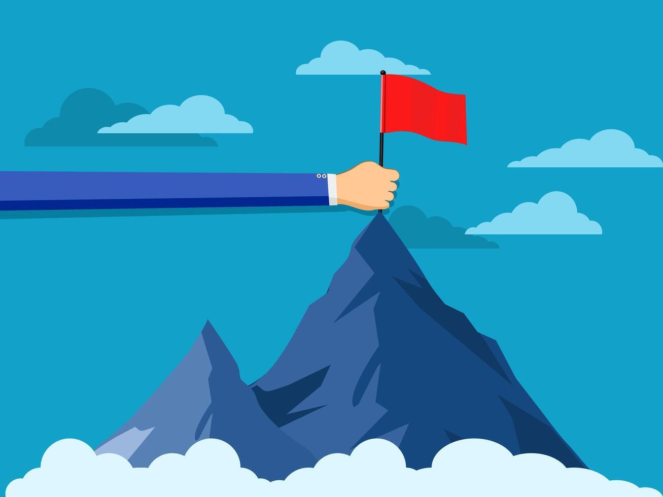 businessman hand puts a red flag on the top of the mountain vector