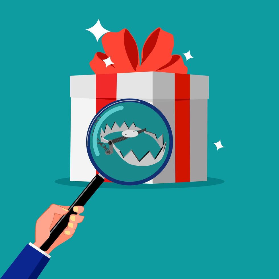 Magnifying glass zoom to look at the dangerous gift box vector