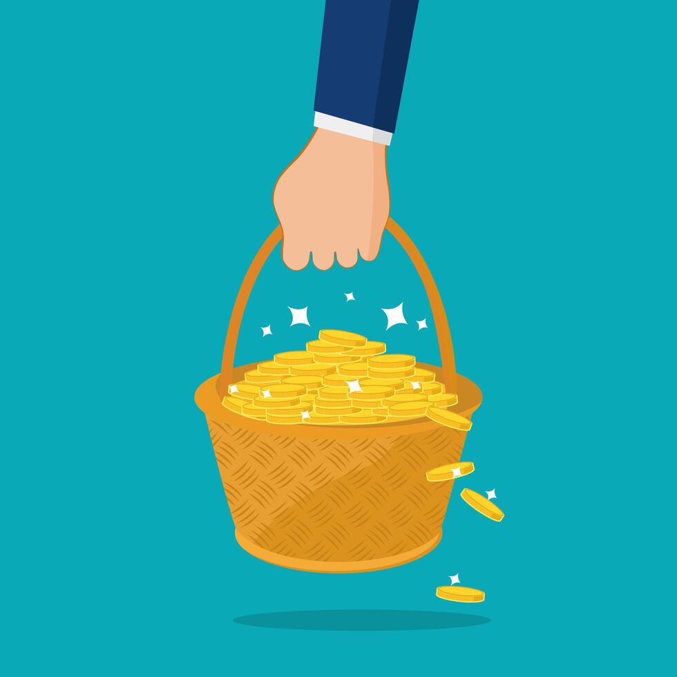 businessman holding a wicker basket of coins. Vector