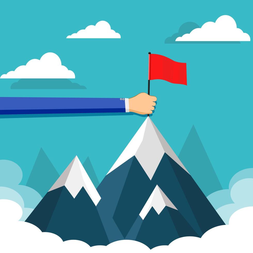 businessman hand puts a red flag on the top of the mountain vector