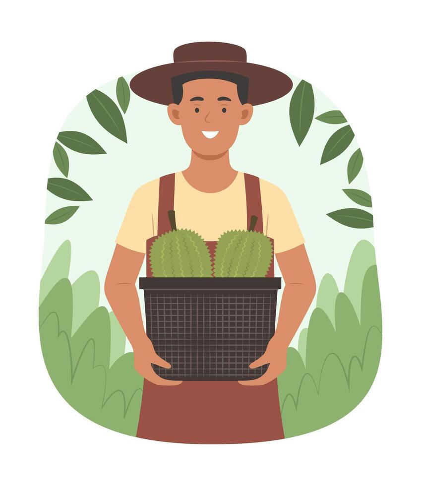 Asian Man Farmer Hold the Durian from Harvest in Tropical Fruit Garden vector