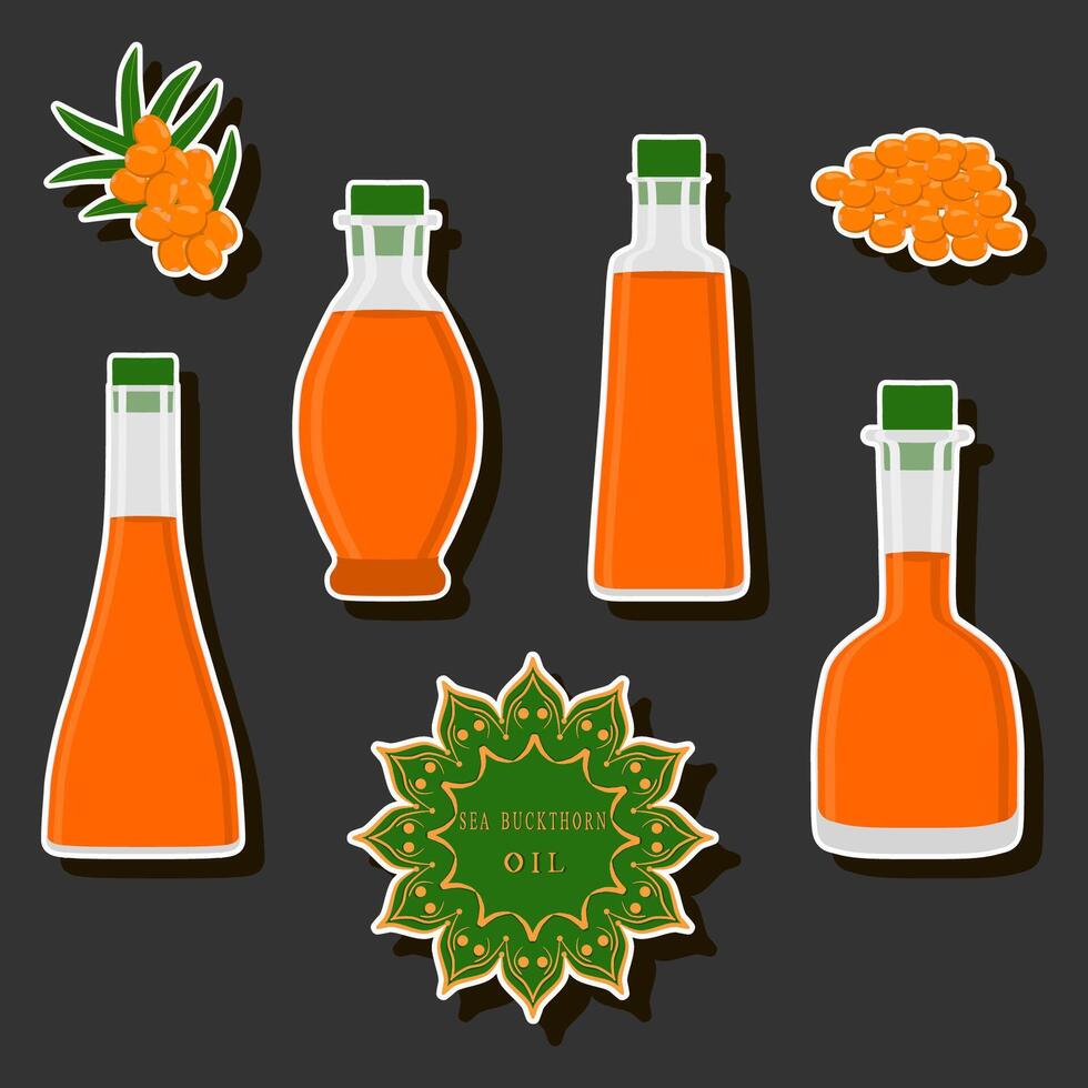 Illustration on theme big set different types liquid oil, bottle various size vector