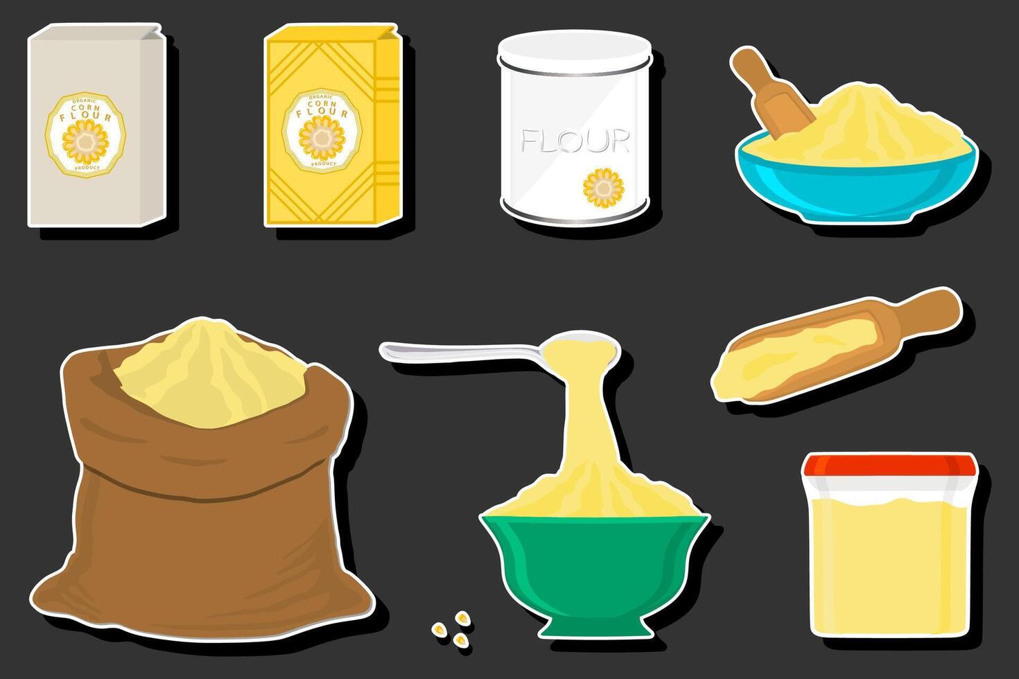 Illustration on theme big set different types dishware filled corn flour vector