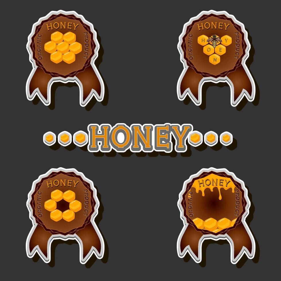 Illustration on theme for label of sugary flowing down honey in honeycomb with bee vector