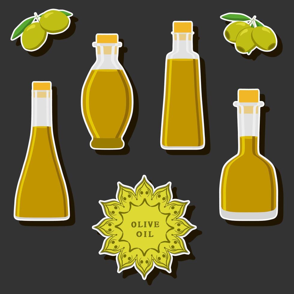 ilustración en tema grande conjunto diferente tipos líquido aceite, botella varios Talla vector