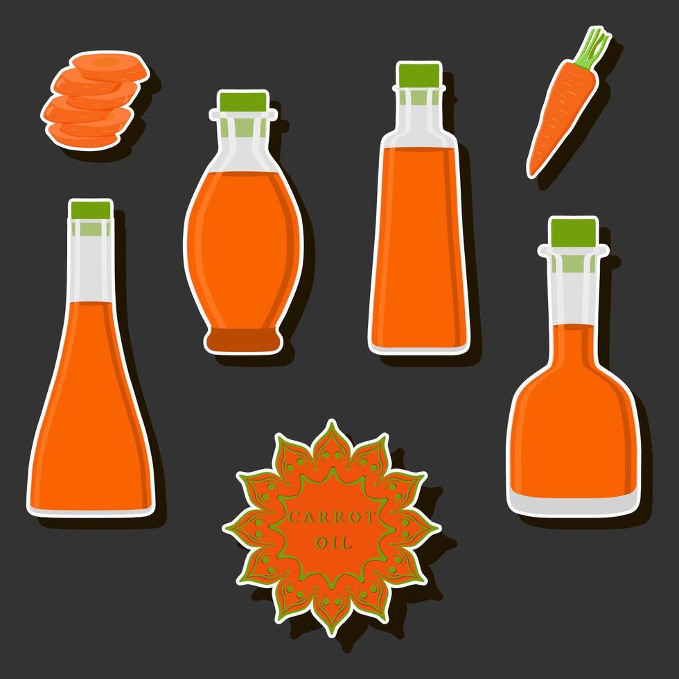 Illustration on theme big set different types liquid oil, bottle various size vector