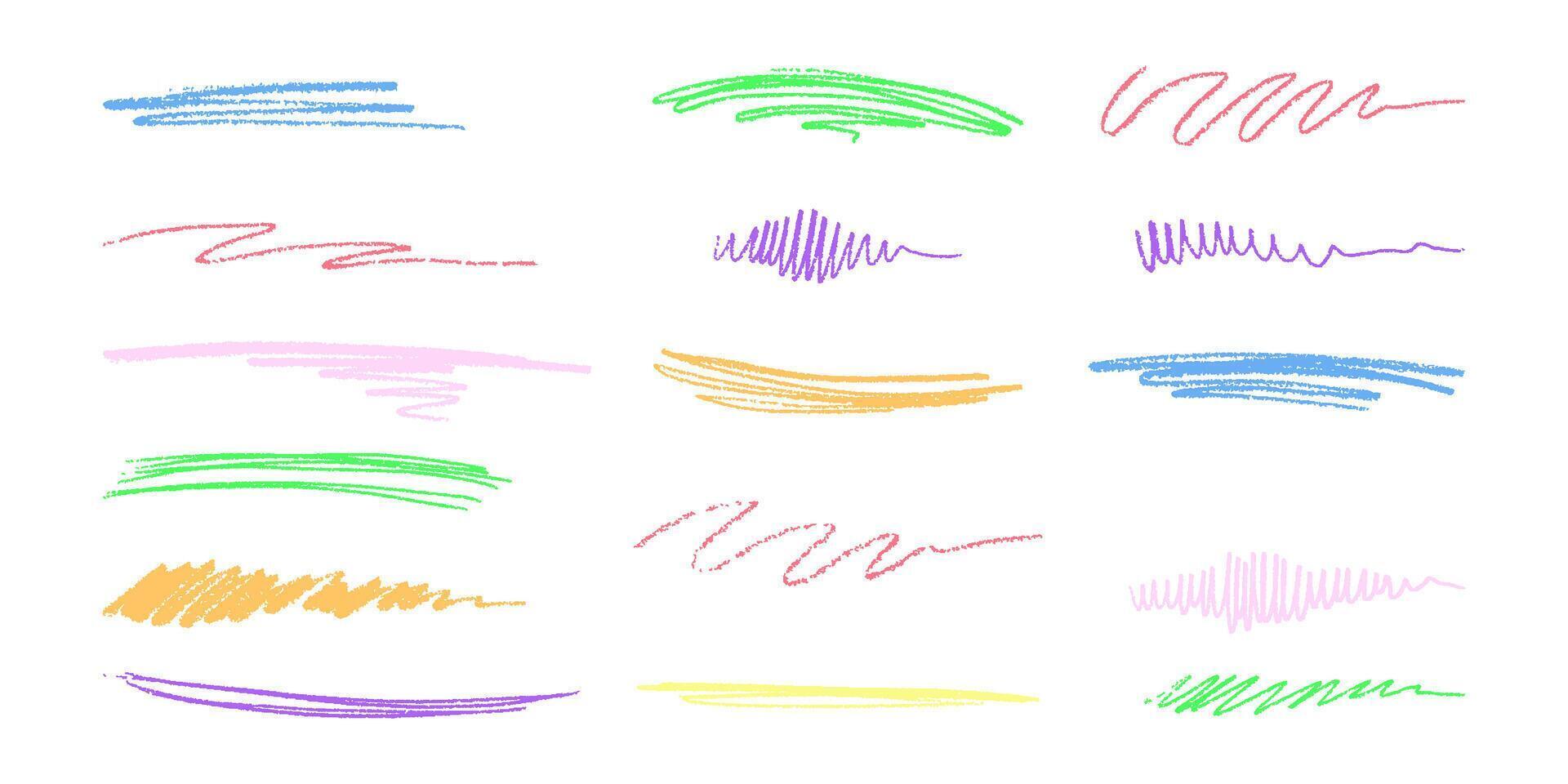 Hand-drawn underlining elements, brush with crayon effect, chalk texture. Chalk stroke for highlighting. Vector illustration in children's style. Crayon brush colored underline.