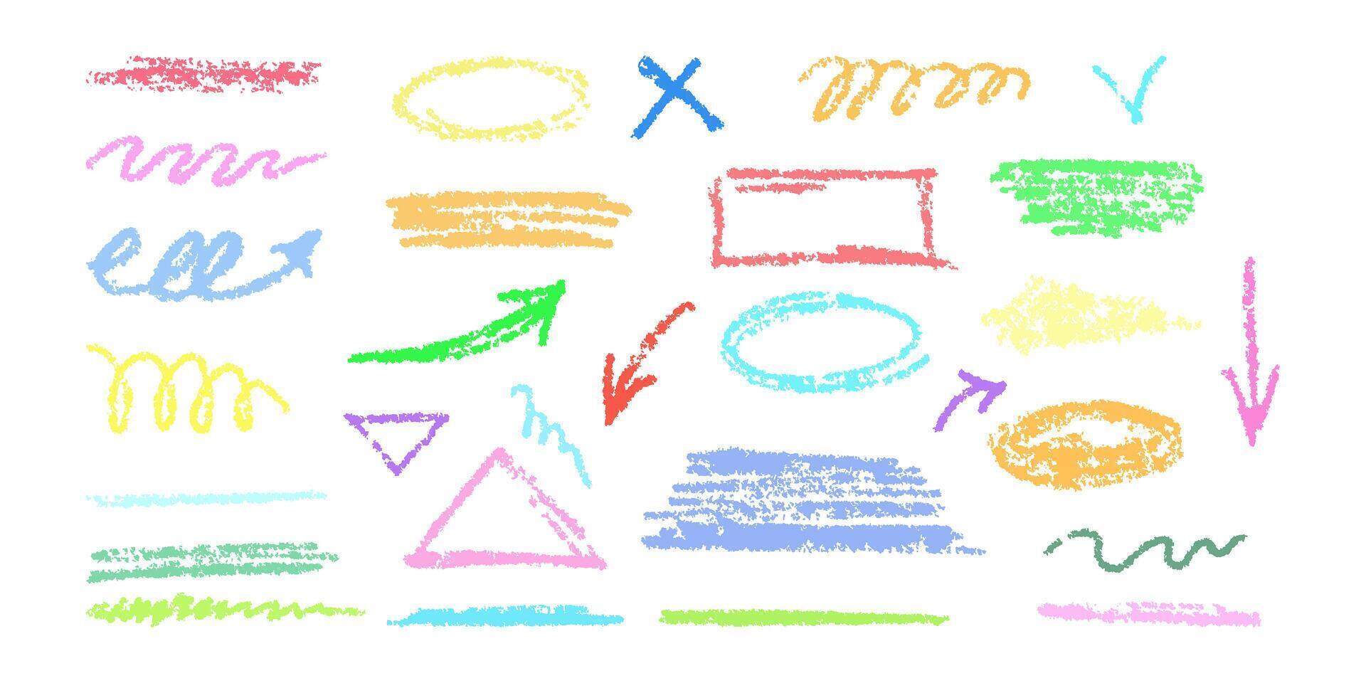 Hand-drawn underlining elements, brush with crayon effect, chalk texture. Chalk stroke for highlighting. Vector illustration in children's style. Crayon brush colored underline.