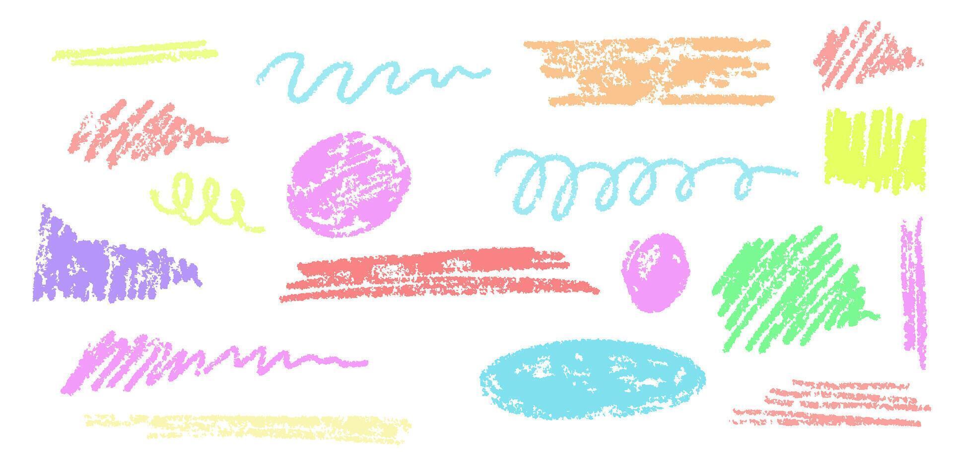Hand-drawn underlining elements, brush with crayon effect, chalk texture. Chalk stroke for highlighting. Vector illustration in children's style. Crayon brush colored underline.