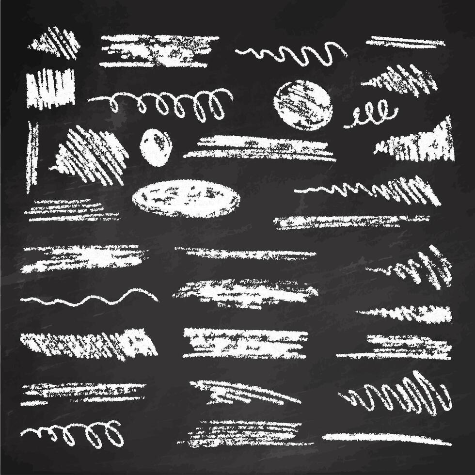 Hand-drawn underlining elements, brush with crayon effect, chalk texture on chalkboard background. Chalk stroke. Vector illustration in children's style. Crayon brush white underline.