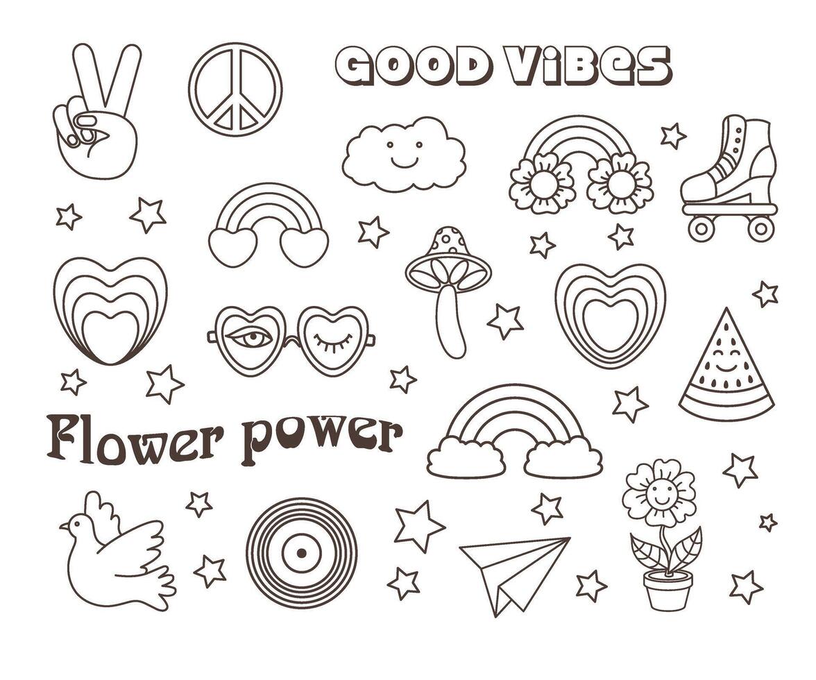 Funny cartoon peace, Love, flower, rainbow,  heart, daisy, mushroom, dove etc. Isolated vector illustration. Sticker pack in trendy retro psychedelic cartoon style.  Groovy hippie 70s set.