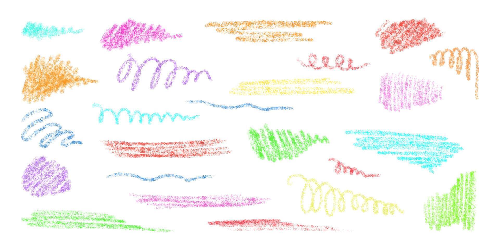 Hand-drawn underlining elements, brush with crayon effect, chalk texture. Chalk stroke for highlighting. Vector illustration in children's style. Crayon brush colored underline.